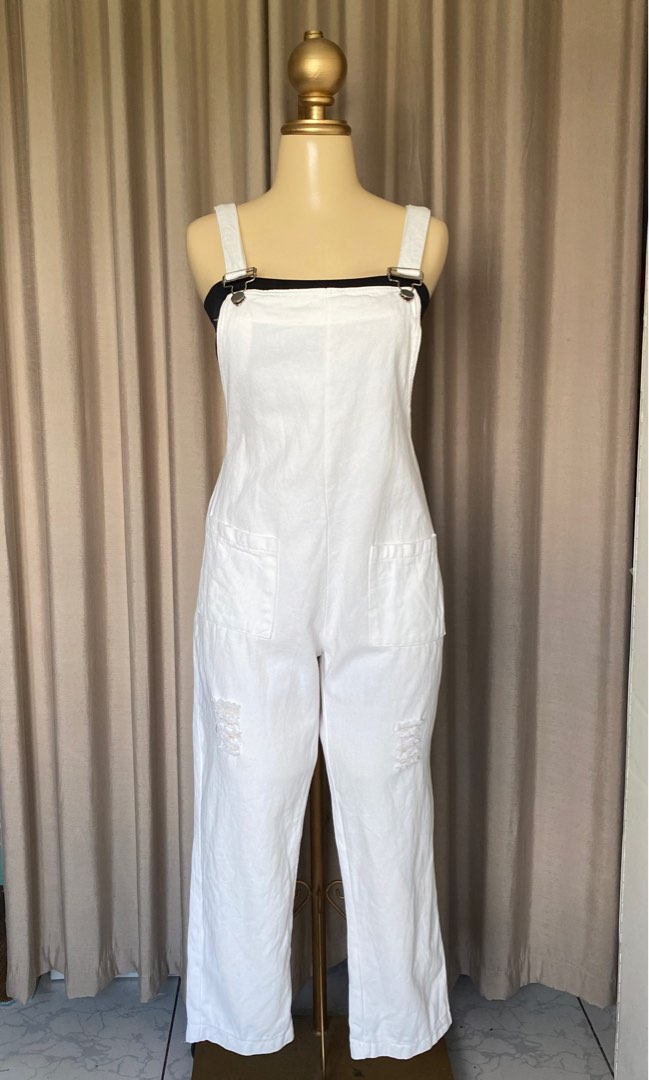 White Denim Jumpsuit, Women's Fashion, Dresses & Sets, Jumpsuits on Carousell