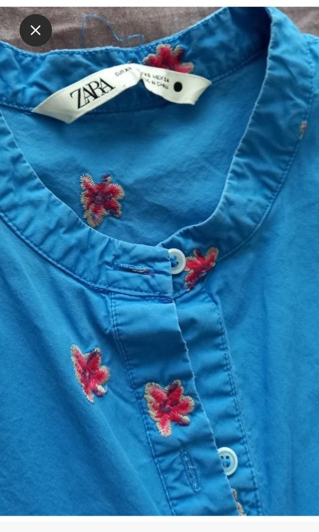 Zara blue embroidered floral puff sleeve midi dress, Women's Fashion