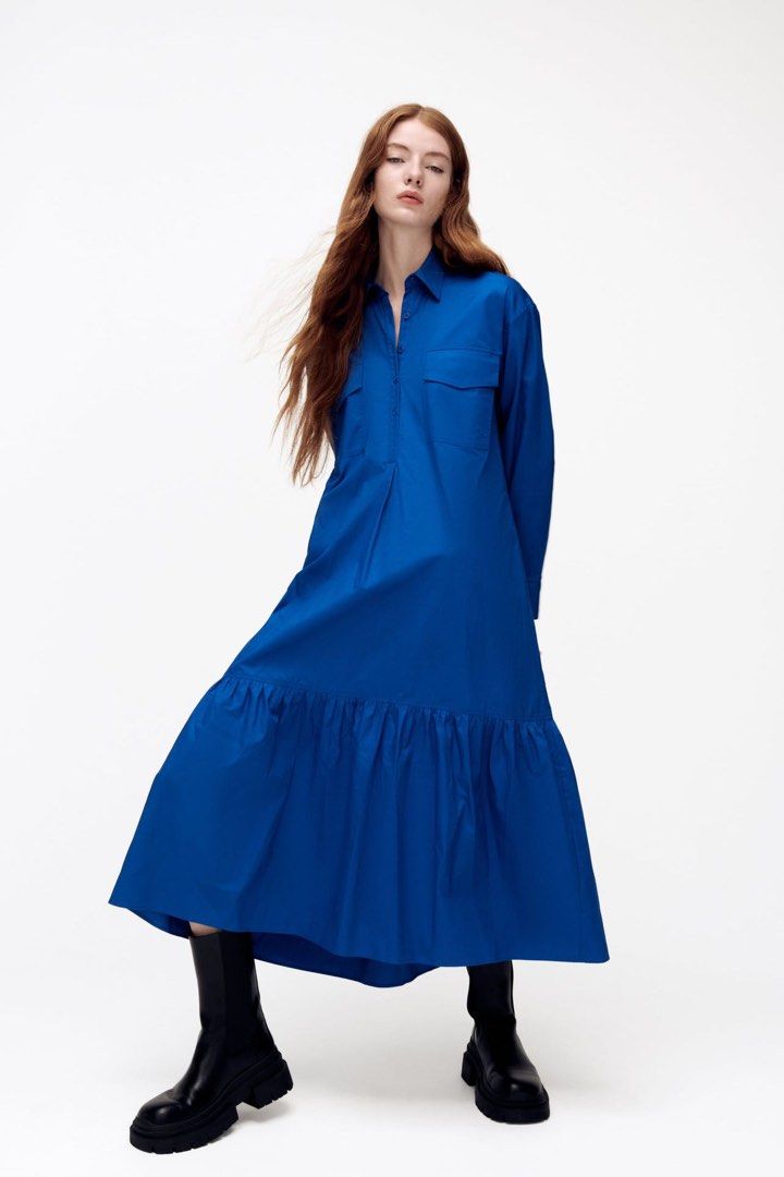 Zara tiered poplin dress blue Clearance