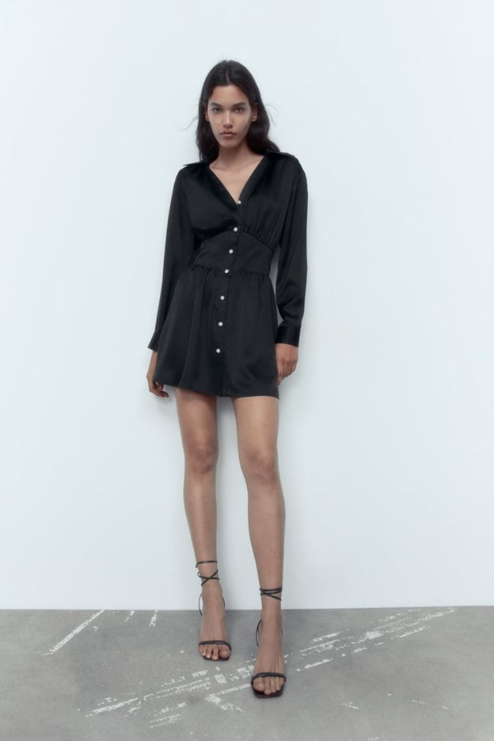 ZARA SATIN SHIRTDRESS WITH RHINESTONE BUTTONS, Women's Fashion