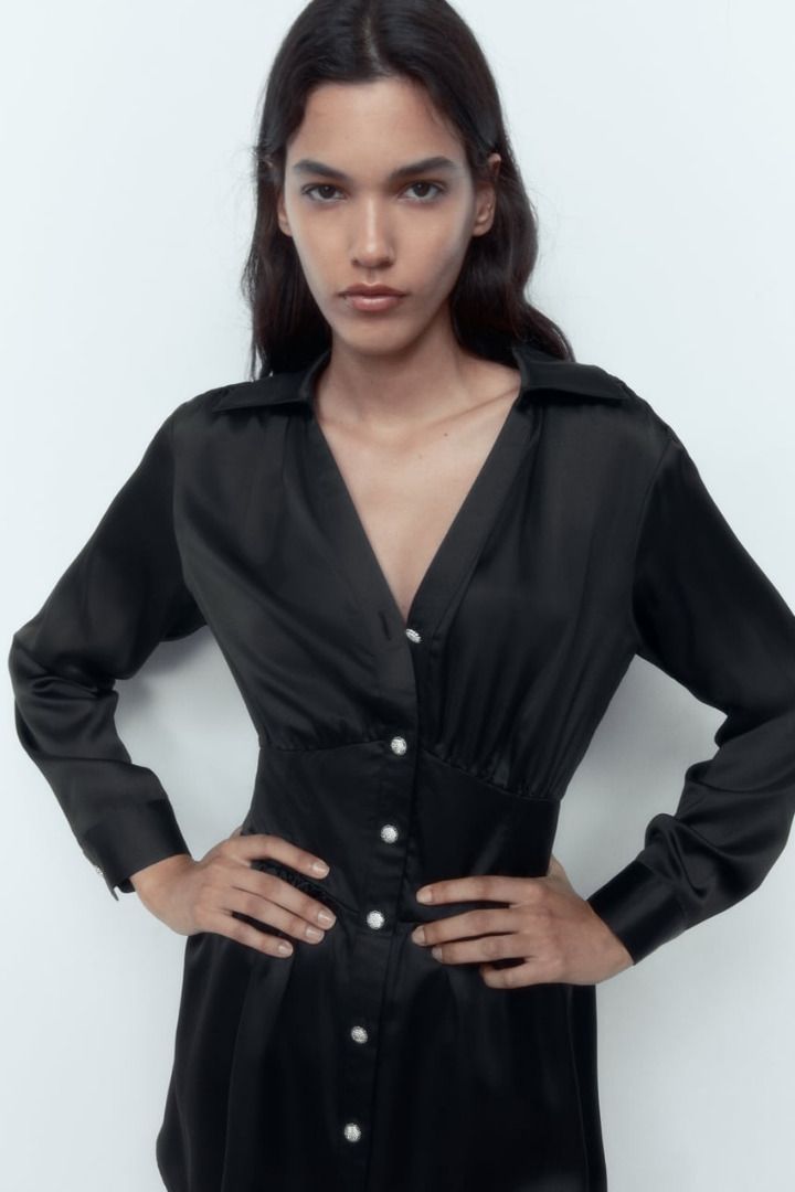 zara black satin shirt dress Zara Satin Midi Shirt Dress