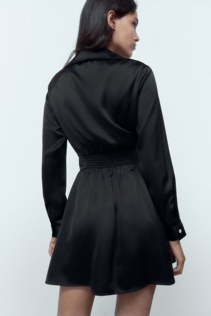 zara black satin shirt dress ZARA WOMEN Black satin DRESS SHIRT Long Sleeve WITH TIE SIZE XS #D179A