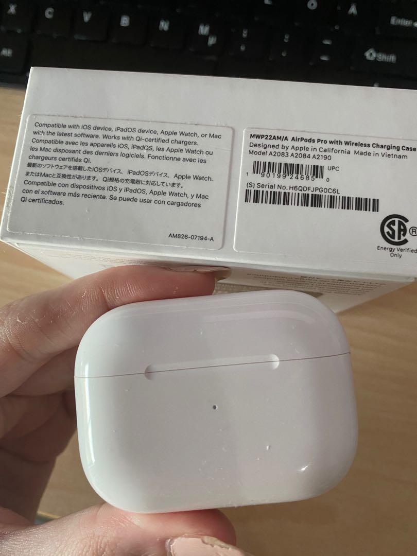 Airpods Pro with Wireless Charging Case (Category: Earphones) located in Cabanatuan. Submitted by makeup_goodies (Listing ID 1141088042, Image 3). Description: AUTHENTIC. PURCHASED FROM AMAZON US. Complete with Box. Same Serialnumber on Box and Airpods Pro. No scratches, no damages. Never dropped. SRP: 15,000 👉🏻Now: ₱12,000 nalang. RFS: Prefer my Sony OverEar Headphones..