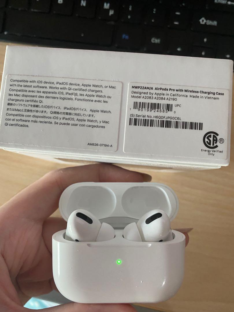 Airpods Pro with Wireless Charging Case (Category: Earphones) located in Cabanatuan. Submitted by makeup_goodies (Listing ID 1141088042, Image 2). Description: AUTHENTIC. PURCHASED FROM AMAZON US. Complete with Box. Same Serialnumber on Box and Airpods Pro. No scratches, no damages. Never dropped. SRP: 15,000 👉🏻Now: ₱12,000 nalang. RFS: Prefer my Sony OverEar Headphones..