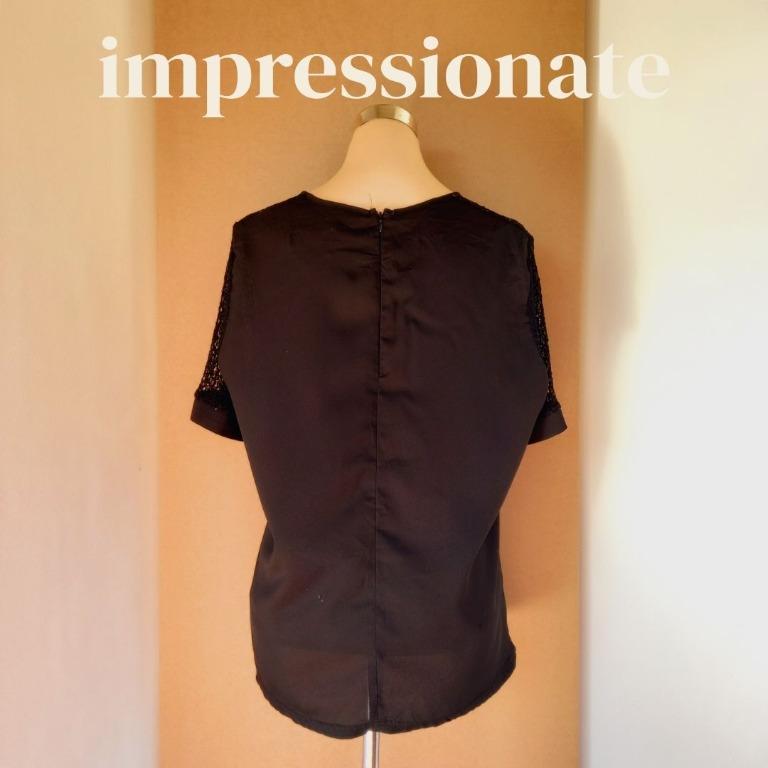Black shortsleeve with mesh design blouse | Large (Category: Blouses) located in Paranaque City. Submitted by impressionate.ph (Listing ID 1141026297, Image 2). Description: Size: Large Pattern: Plain Details: see through sleeves Flaws: none.