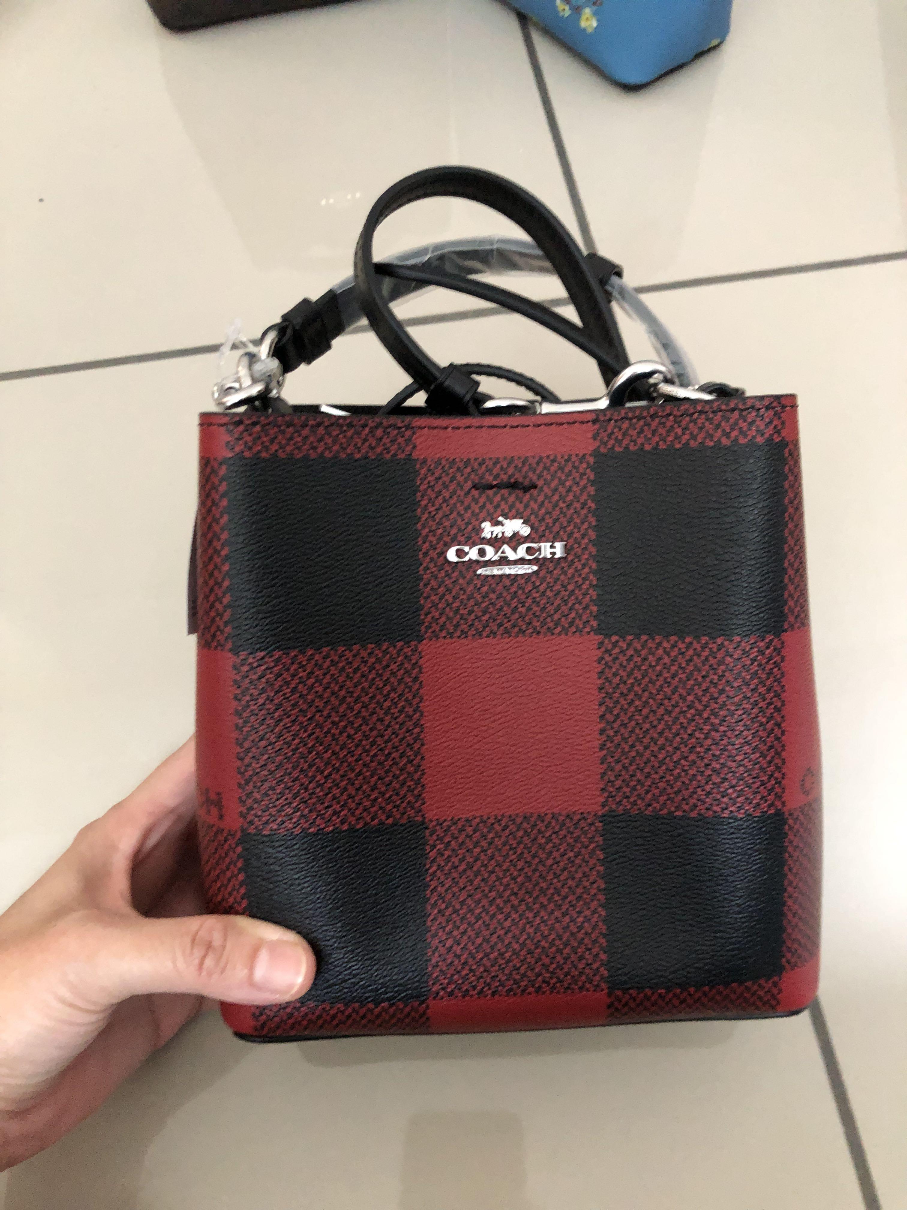 Coach Mini Town Bucket Bag Buffalo Plaid in Leather with Silver-tone - US