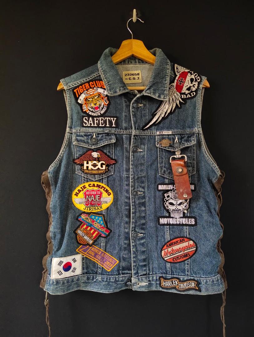 Harley Davidson Multi Patch Denim Vest Men s Fashion Coats