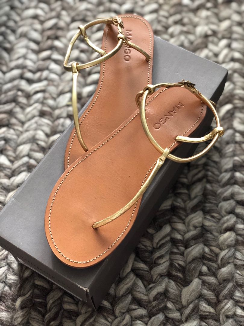 Mango Genuine Leather Gold Thong Strappy Sandals Women s Fashion