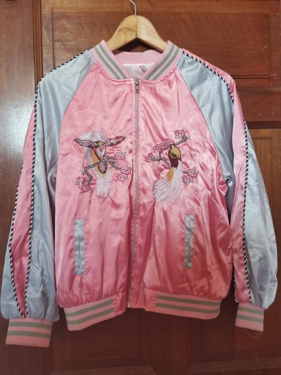 Pink and White Embroidered Satin Jacket Women s Fashion Coats
