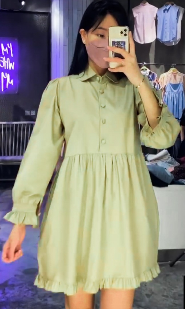 RUFFLE SAGE GREEN DRESS, Fesyen Wanita, Pakaian Wanita, Gaun & Rok di ...