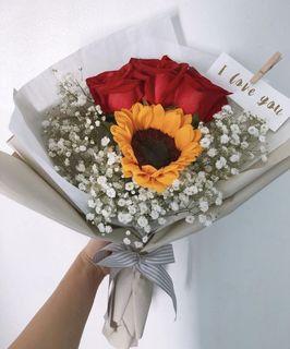 Valentines bouquet sunflower and red roses