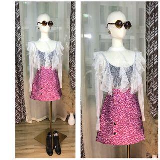 HQ FINE CORDED LACEY BLOUSE & PINK JACQUARD EMBELLISHED CRYSTAL SKIRT SET TERNO  COORDS COORDINATES