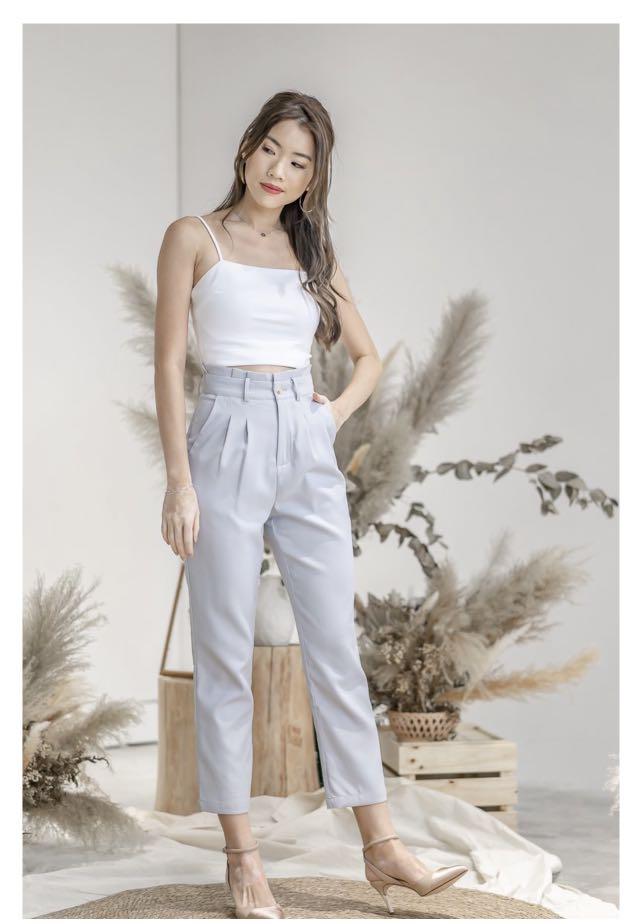 Blue and white paper bag pants hot sale