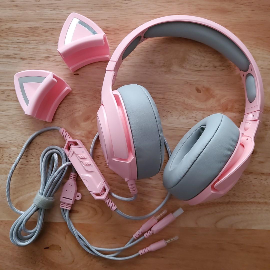 Onikuma K9 Pink Kitty Gaming Headset with Mic and Noise Cancelling, Audio, Headphones & Headsets