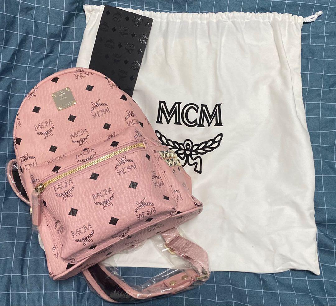 MCM Stark Backpack Visetos Side Studs Medium Soft Pink in Leather