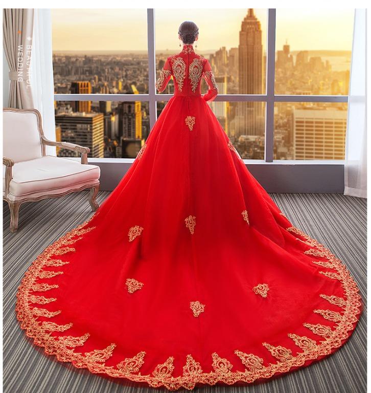 Red long sleeve wedding dress deals