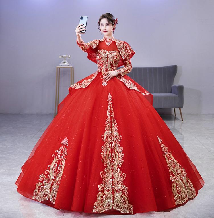 pre order red gold sequin long sleeve wedding bridal evening prom dress gown RB2421