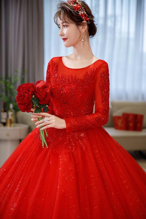 Red evening hotsell gown long sleeve