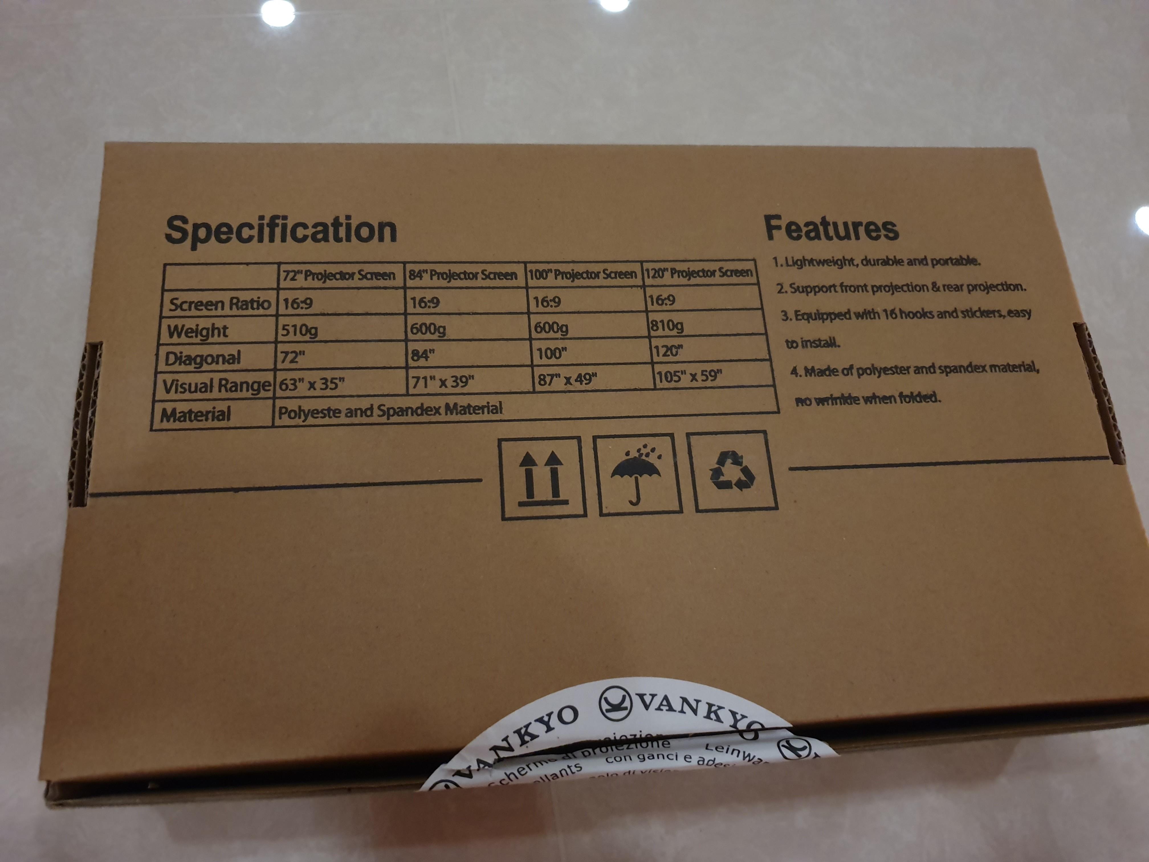 Vankyo projector 100 inch screen 169 spandex (opened but not used), TV