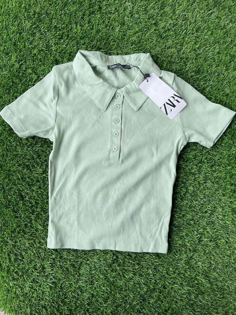 Zara pastel green button polo large and medium, Women's Fashion, Tops, Shirts on Carousell