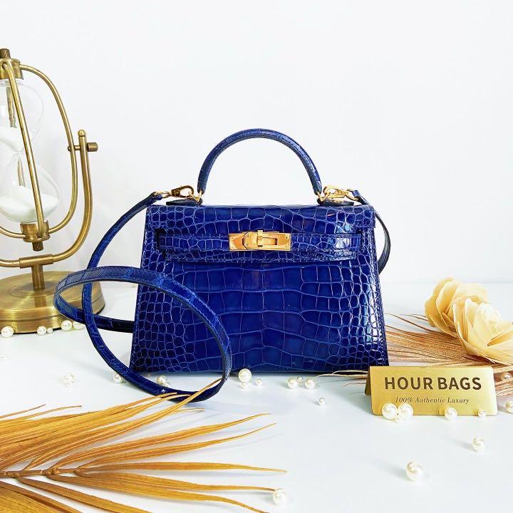 Hermès Kelly Sellier Mini II Blue Electrique Lisse Crocodile Alligator GHW  from 100% authentic materials!