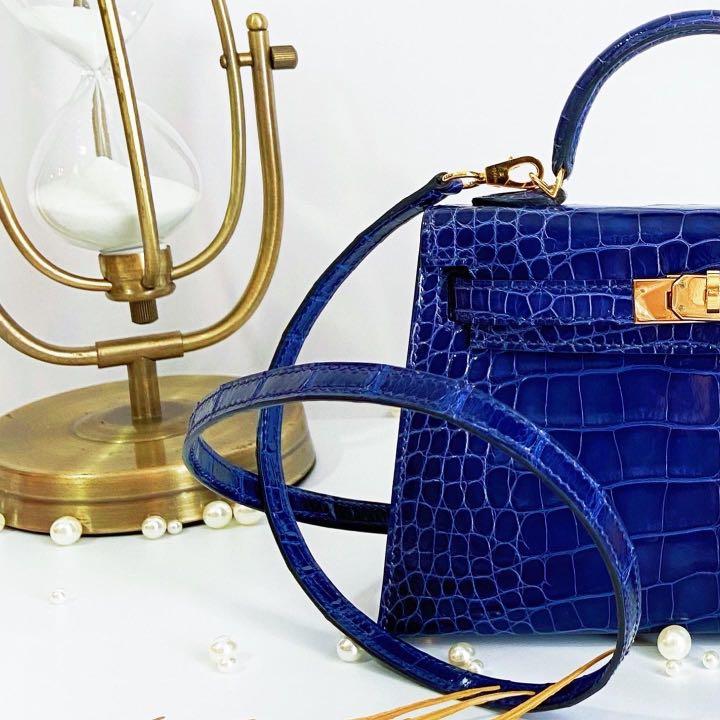 Hermès Kelly Sellier Mini II Blue Electrique Lisse Crocodile Alligator GHW  from 100% authentic materials!