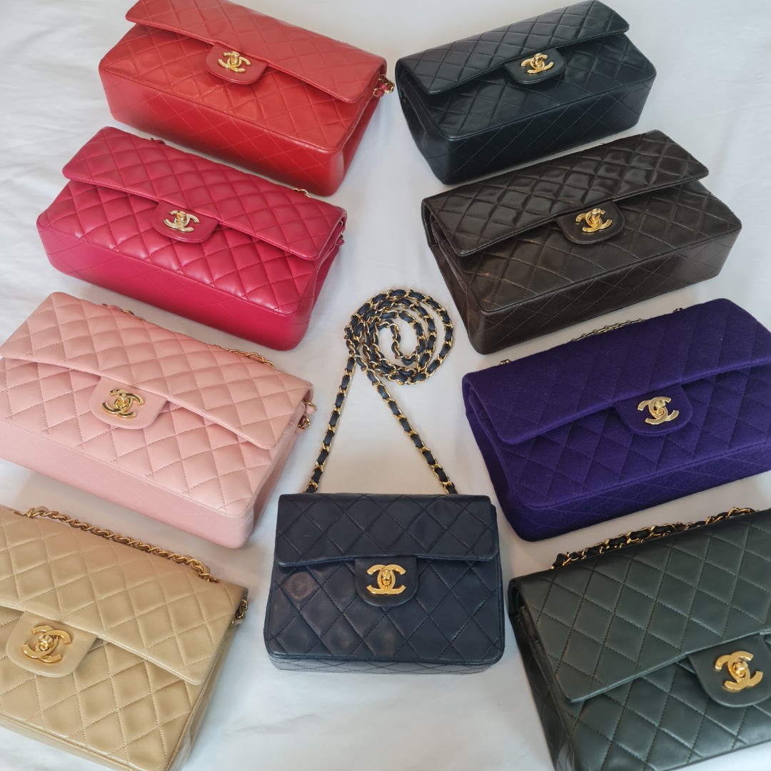 🌈 (RARE COLORS!) CHANEL VINTAGE COLLECTION FOR SALE, CLASSIC FLAP BAG  MEDIUM SMALL MINI LAMBSKIN JERSEY CF 24K GOLD HARDWARE GHW HOT PINK /  CHERRY RED BEIGE RED DARK BLUE OLIVE GREEN