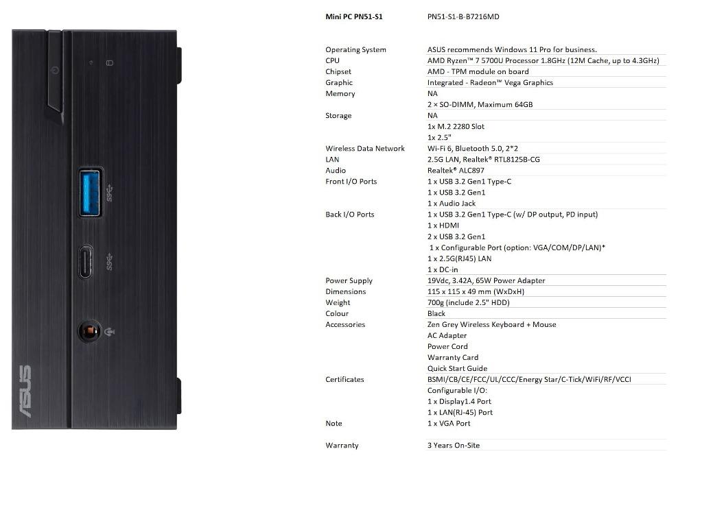 Qoo10 - MINI PC PN51-S1-B-B7216MD AMD Ryzen™ 7 5700U Integrated