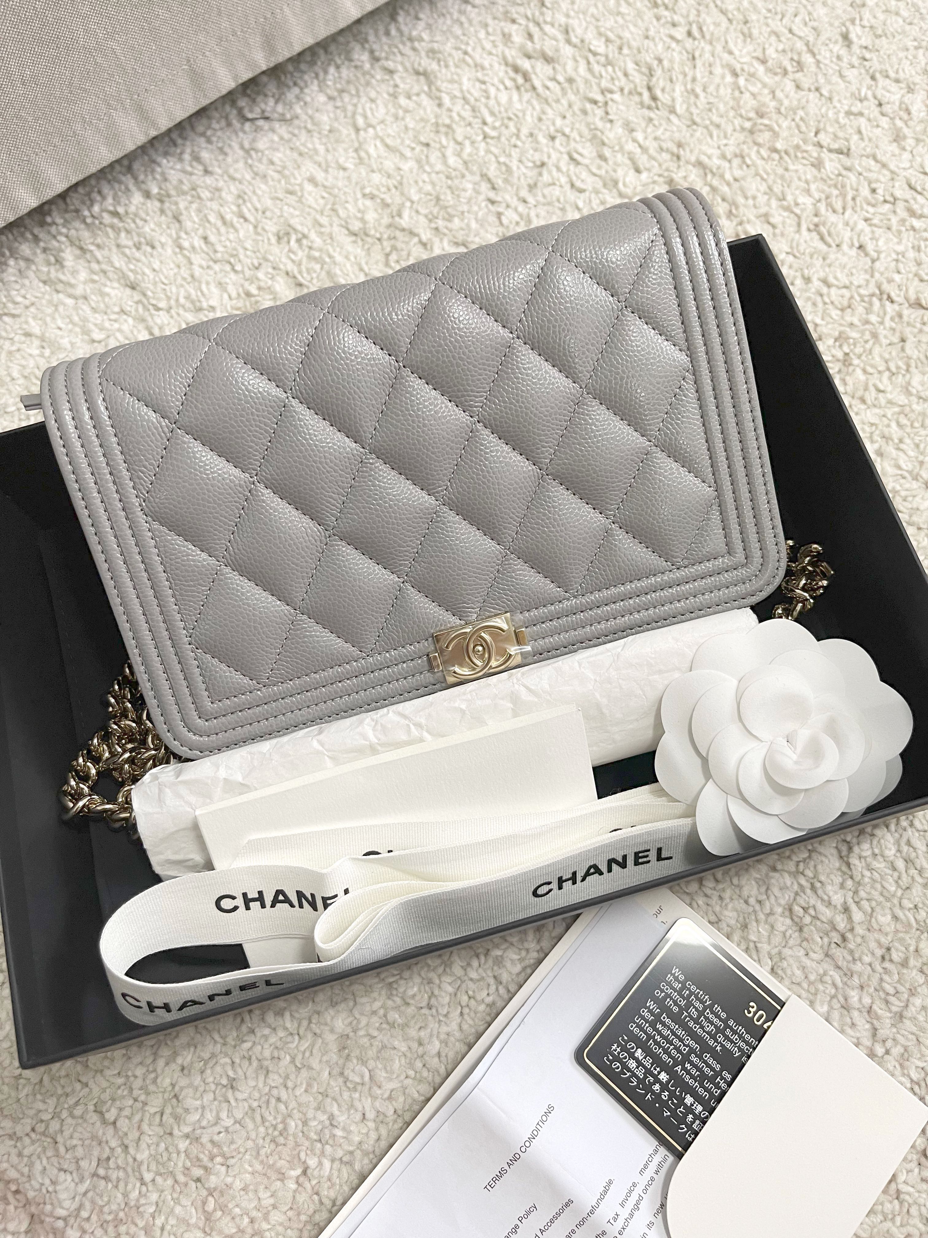 Chanel Boy Wallet on Chain Grey Light Gold Hardware Luxury