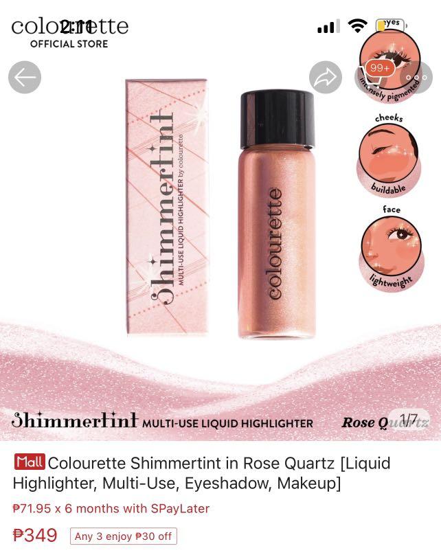 Colourette Shimmertint Highlighter in Rose Quartz (Category: Makeup) located in Quezon City. Submitted by shop_akha (Listing ID 1142941105, Image 1). Description: Just swatched (literally a dot on my hand)! Still comes in orig packaging :) RFS: too shimmery for my preference .