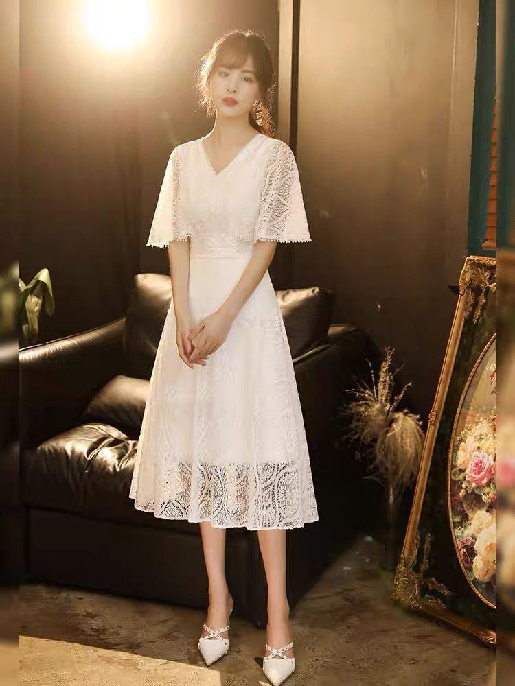 White lace long best sale sleeve knee length dress