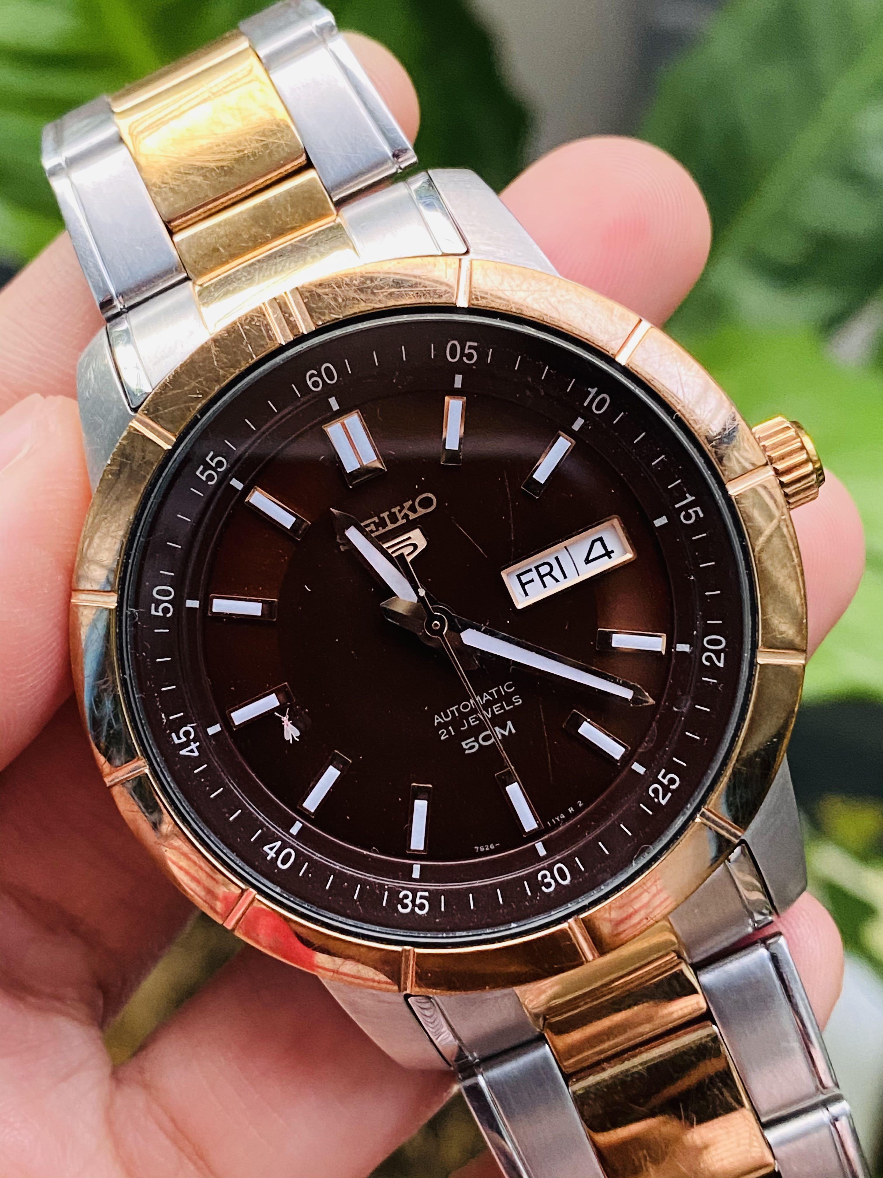 SEIKO 5 Automatic Men's Watch (Category: Men's Watches) located in Manila. Submitted by clicksmileph (Listing ID 1143069448, Image 3). Description: SEIKO 5 "RoseGold" Watch 7,500 Php Details: Guaranteed Original / Authentic Hardlex Crystal Automatic Movement 3'0 Date & Day Chronometer Luminous Dial Condition: 8.5/10, All working 20 ATM Water Resistant Fit up to 7.5 inches wrist Set with: Watch with Presentation box Meet-up SM Baliuag / Trinoma by