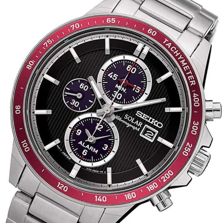 Seiko Solar Chronograph Tachymeter Black Dial Stainless Steel