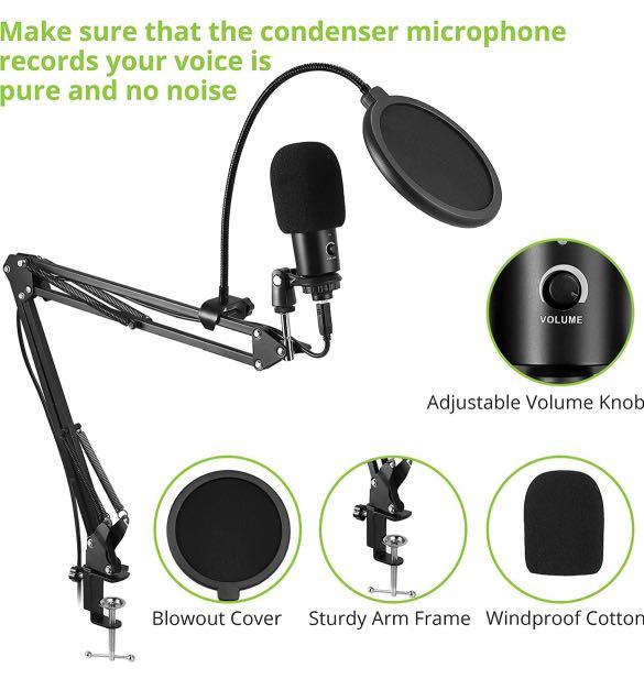 LiNKFOR Microphone with Arm Streaming Podcast PC Condenser Computer Mic for Gaming with Volume Knob Bearing 2KG for Window 7 OS X 10.9 and Higher