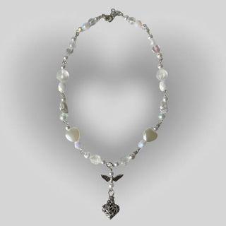 valentine heart white dangly charm wings pearl beaded necklace