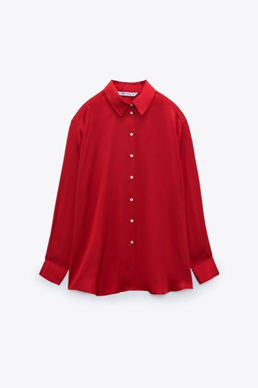 Zara satin shirt Red merah, Fesyen 