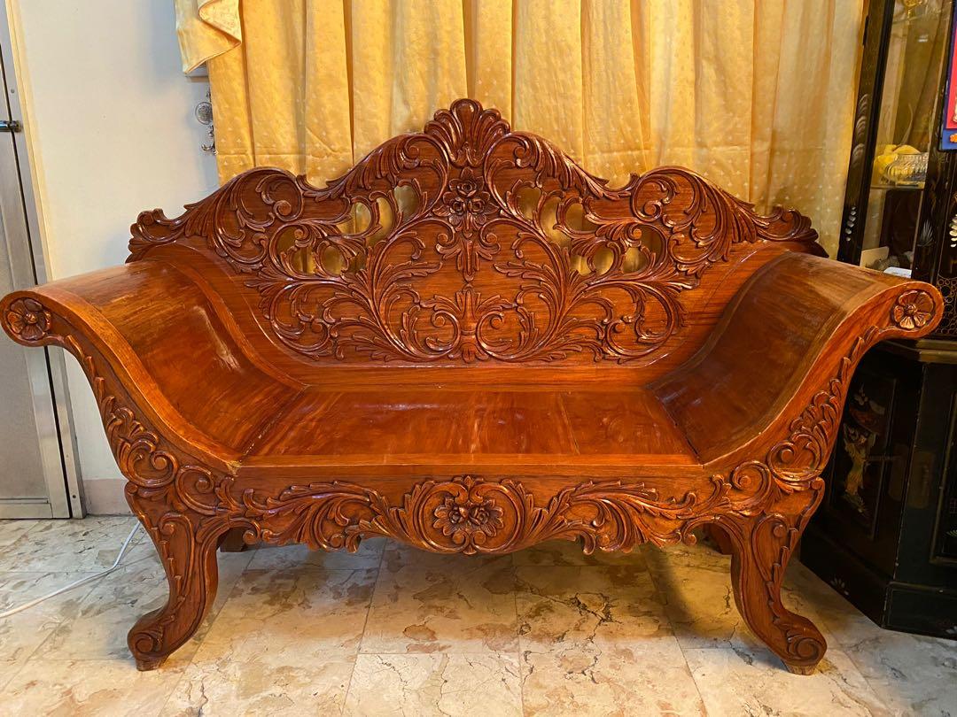 6pc Narra Cleopatra Set (Category: Sofas) located in Las Pinas. Submitted by lestrr (Listing ID 1143146898, Image 1). Description: Well-loved Narra Cleopatra Set from the 90s 1x 3-seater 2x 2-seater 1x center table with glass 2x side tables with glass (photos to follow) May have a few scratches/marks due to use and age, but nothing a new coat of varnish can't mask. Heavy set but no cracks on the legs Item location: Las Pinas City near SM Center/V