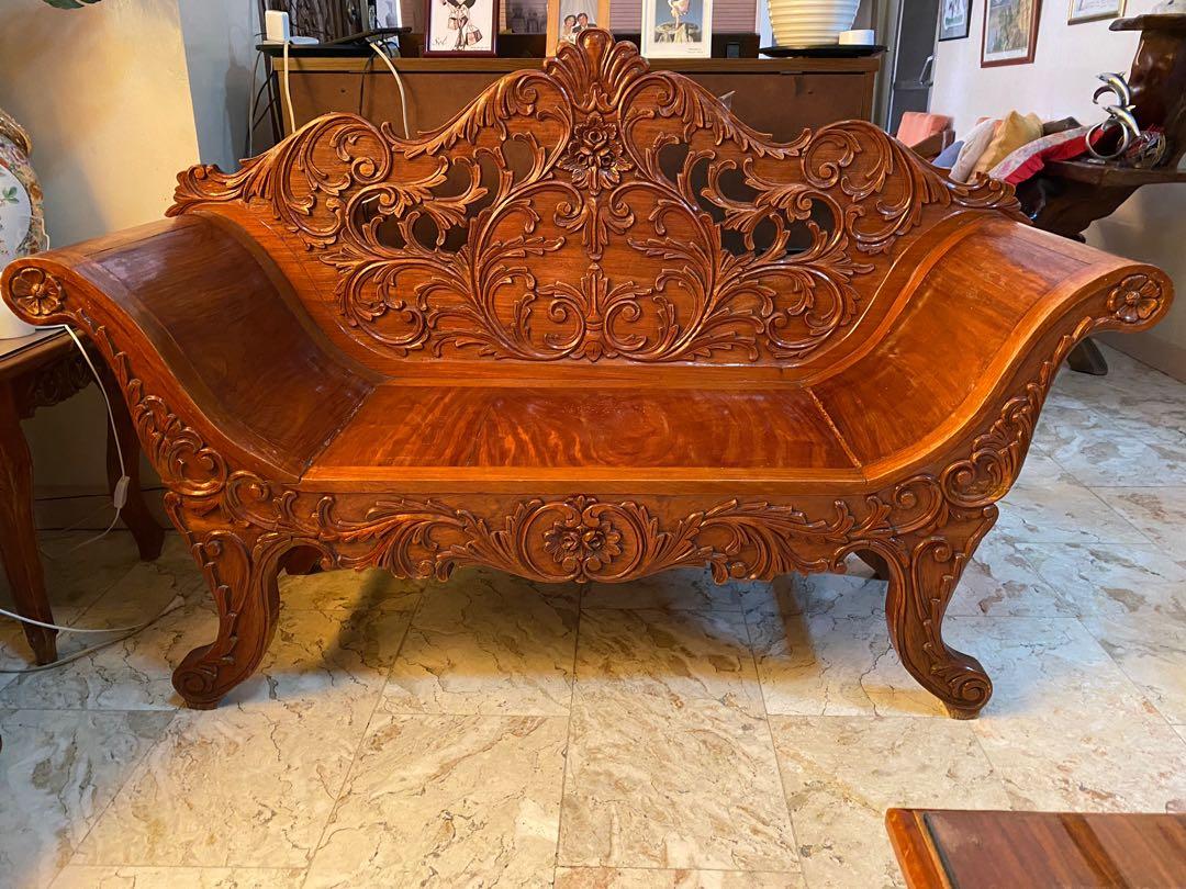 6pc Narra Cleopatra Set (Category: Sofas) located in Las Pinas. Submitted by lestrr (Listing ID 1143146898, Image 3). Description: Well-loved Narra Cleopatra Set from the 90s 1x 3-seater 2x 2-seater 1x center table with glass 2x side tables with glass (photos to follow) May have a few scratches/marks due to use and age, but nothing a new coat of varnish can't mask. Heavy set but no cracks on the legs Item location: Las Pinas City near SM Center/V