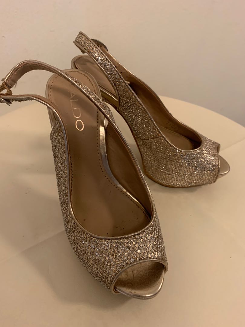 Aldo gold glitter peep toe sling back party heels