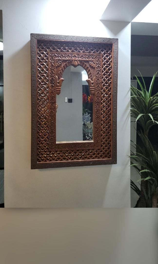 Antique Indian teak carved mirror from Rajasthan, Furniture & Home