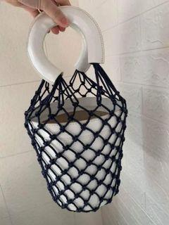 Authentic STAUD Moreau Net navy fishnet white leather bucket bag