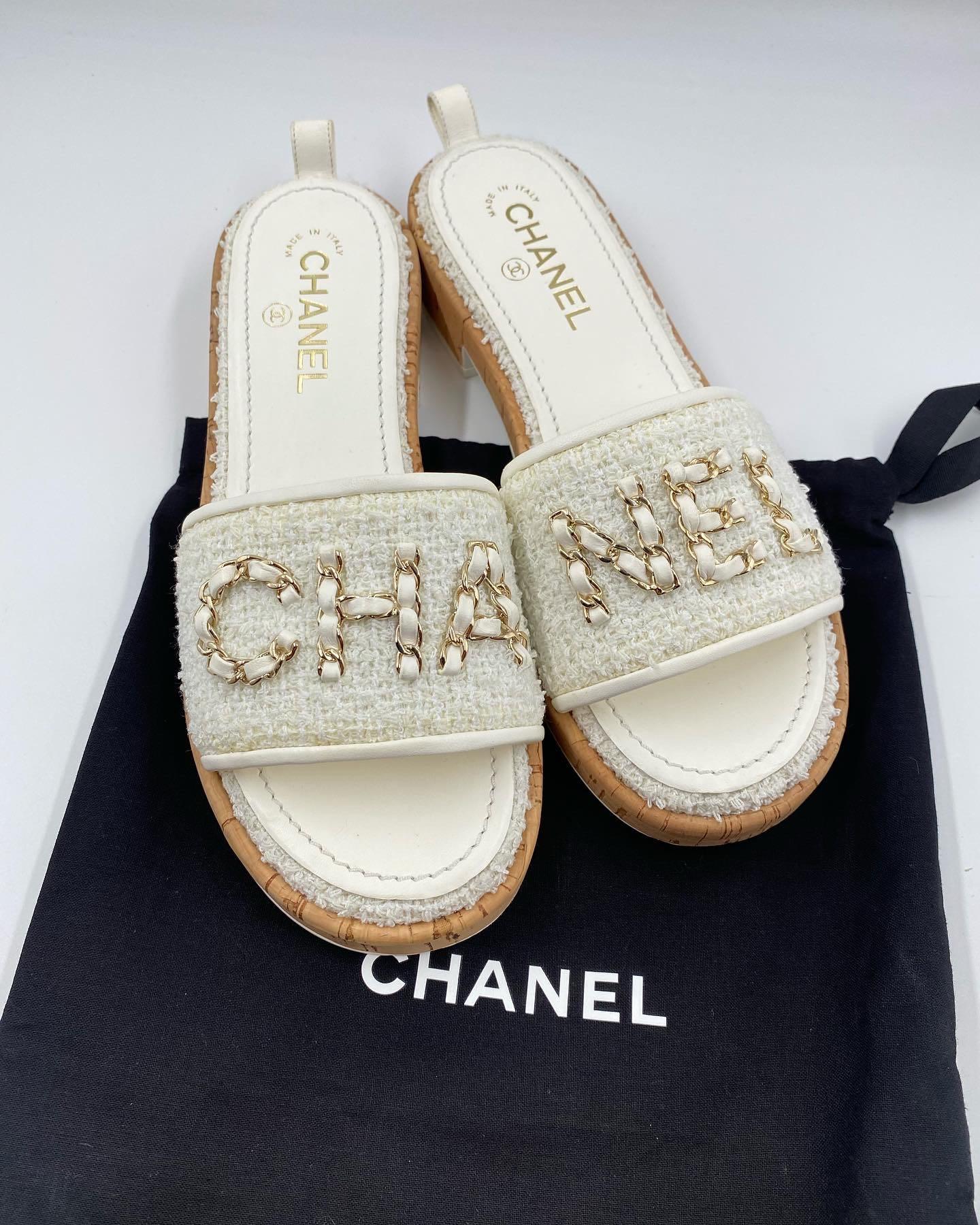DISCOUNT Chanel Tweed Chain Link Cork Slides Luxury Sneakers