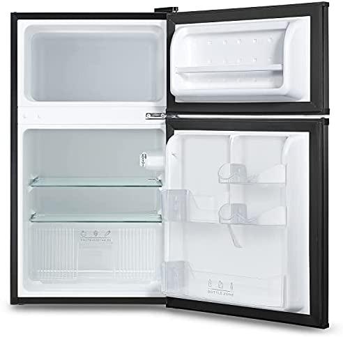 COMFEE' RCT87BL1(E) Under Counter Fridge Freezer, 87L Small Fridge Freezer  with LED Light, Removable Shelves, Adjustable Thermostats and Legs, Black