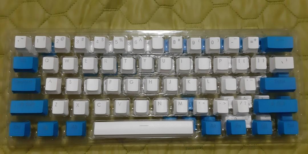 Keycaps White & Light Blue OEM/Cherry (Category: Computer Keyboard) located in Quezon City. Submitted by gabs_a (Listing ID 1123303099, Image 1). Description: Keycaps Brand: Generic Condition: As-is Profile: Cherry/Oem Color: White & Light Blue Make: Shine Through No Issue, just missing and double F11 keycaps: (See 4th Picture) 7&, D, O, ;:, B, 7Home 98 Keycaps Total, 6 Missing For 40-100% / 104 Keys Keyboard. Comes with: Box Plastic Trays Replac