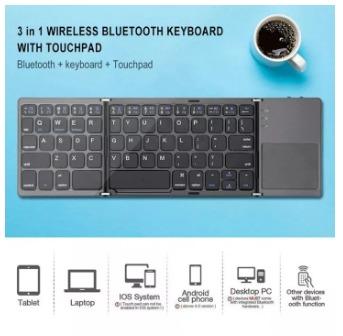 Portable Mini Ultra Slim Foldable BT Wireless Keyboard with Touchpad (Category: Computer Keyboard) located in Marikina City. Submitted by skowshop (Listing ID 1143260183, Image 3). Description: Compatible with: iPhone 6s/iPad Pro/MacBook Mobile Phone Tablet PC Features: > ingenious folding design beautiful and practical > wireless BT 3.0 fast pairing and wide operating range > 64-key layout with multi-function keys compact and excellent > scissor