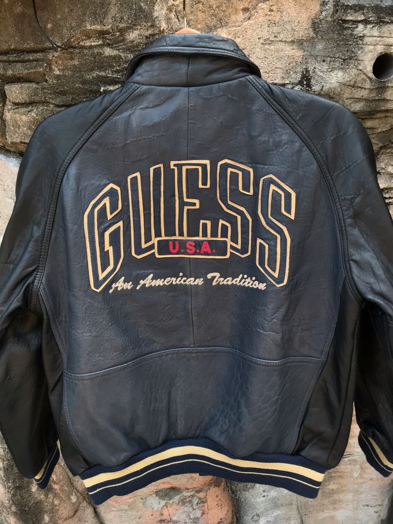 Vintage GUESS Genuine Leather Varsity Jacket, Fesyen Pria, Pakaian , Baju  Luaran di Carousell