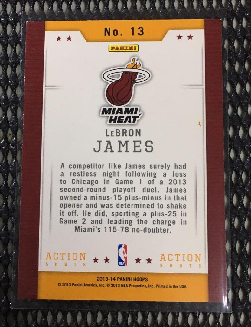 2013-14 Panini NBA Hoops LeBron James Action Shots Insert. (Category: Raw Singles) located in Quezon City. Submitted by chasinglegends (Listing ID 1143402461, Image 2). Description: 2013-14 Panini NBA Hoops LeBron James Action Shots Insert - w/ small tiny white marks on 3 corners. Includes Plastic Sleeve & Top Loader Case. .