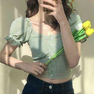 韓系小姐姐風 短版格子上衣
