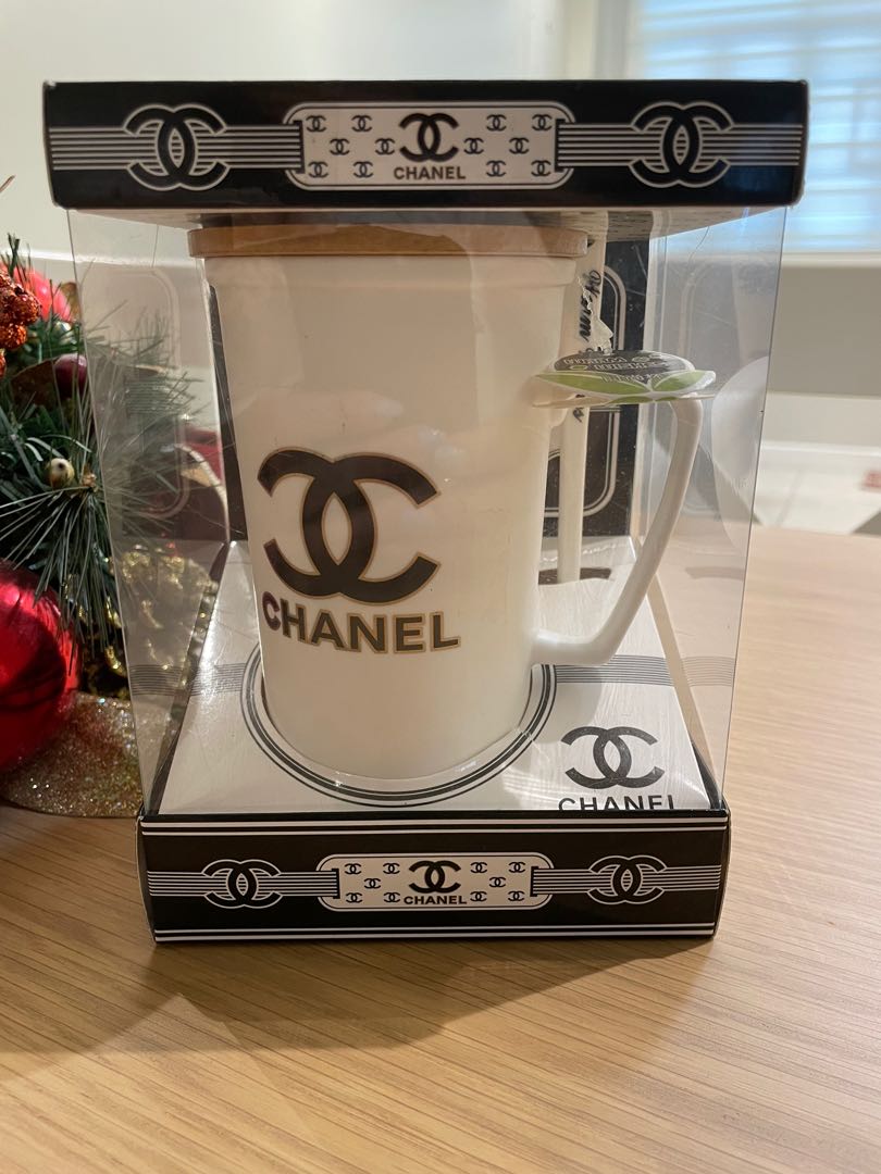Chanel ceramic mug with spoon n lid, Furniture & Home Living