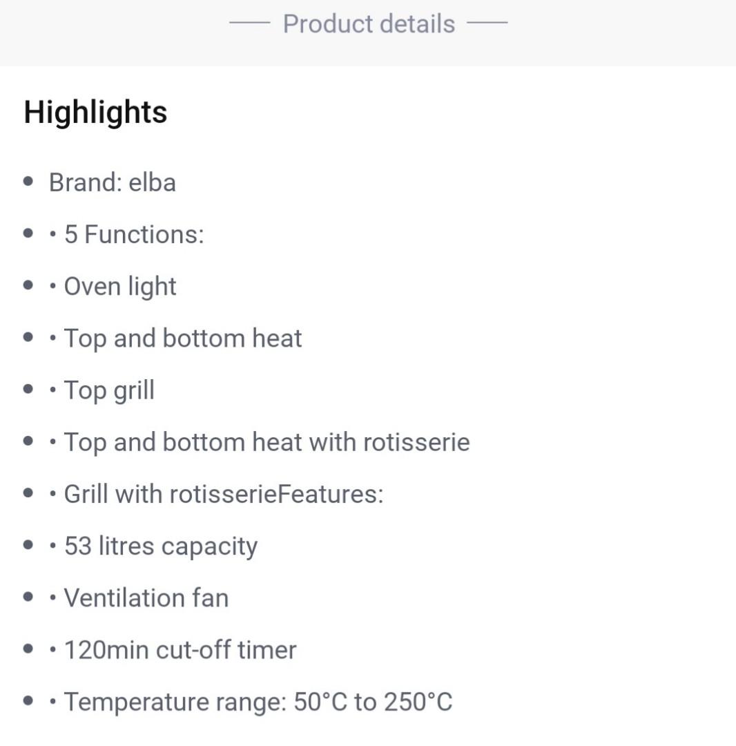 Oven 53 litres Elba for baking, roasting with rotisserie, TV & Home